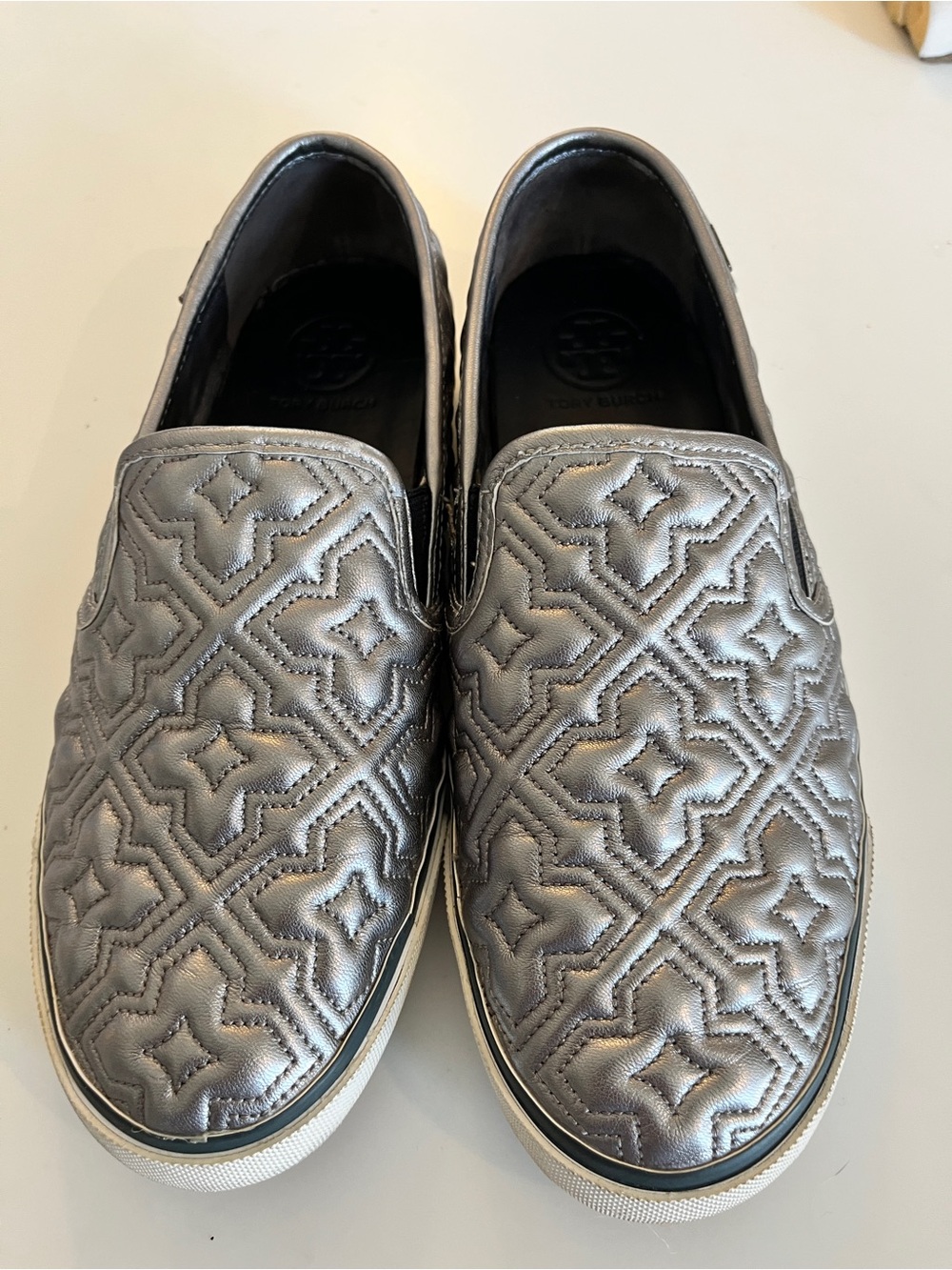 Tory Burch Metallic Quilted Silver Slip-On Loafers Size 8